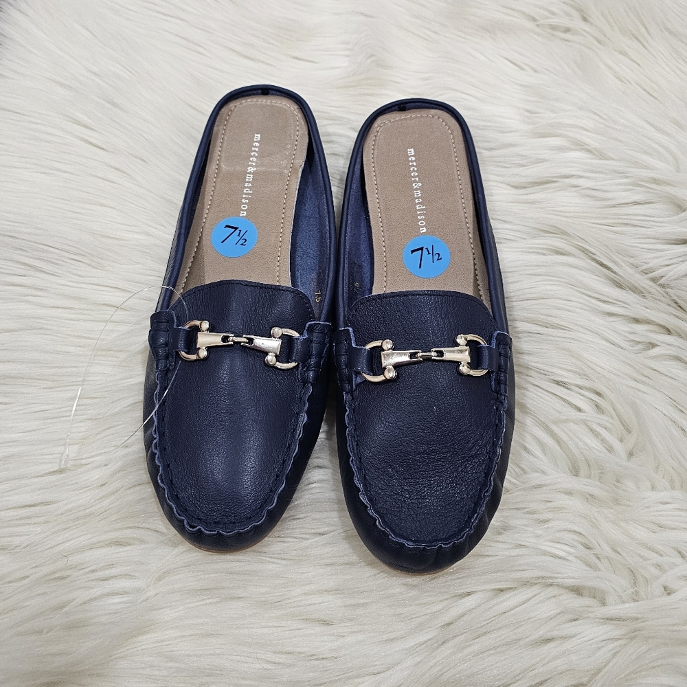mercer & madison Navy Leather Slip-On Mules with Gold Hardware